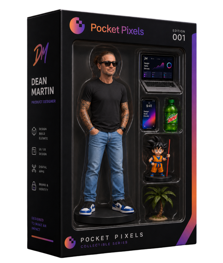 Pocket Pixels collectible design set featuring Dean Martin, a laptop, phone and design tools