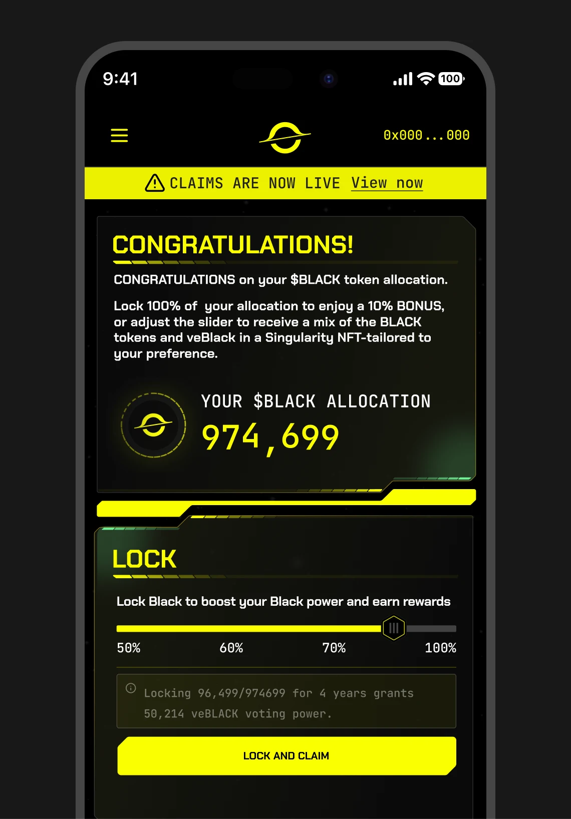 Blackhole token allocation and lock interface on mobile
