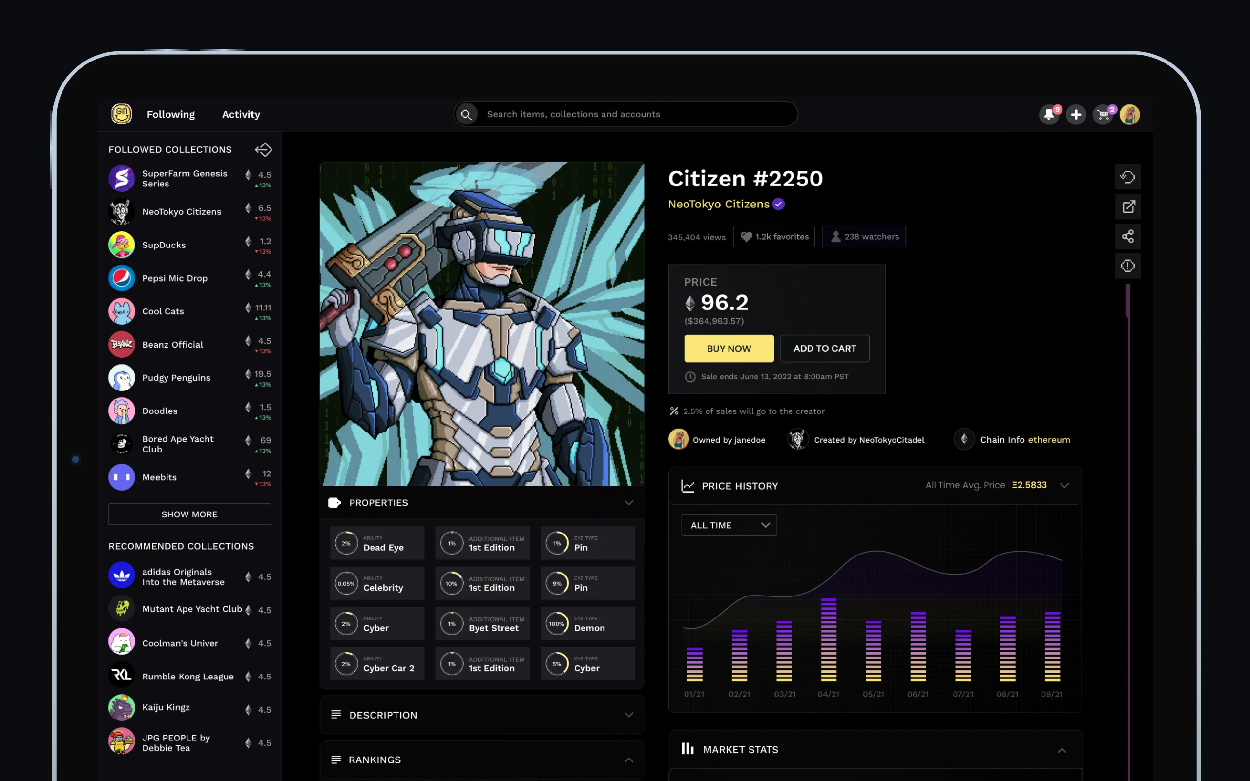 GigaMart NFT marketplace item detail and price history interface