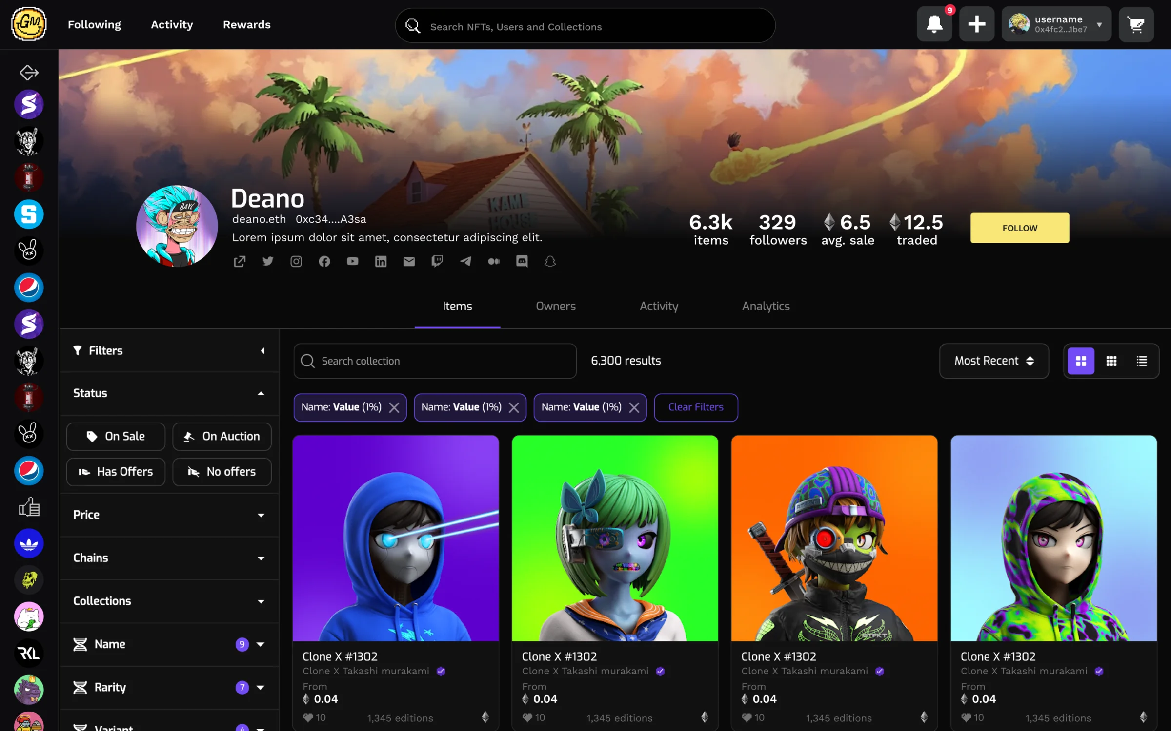 GigaMart collection marketplace with filters and NFT listings