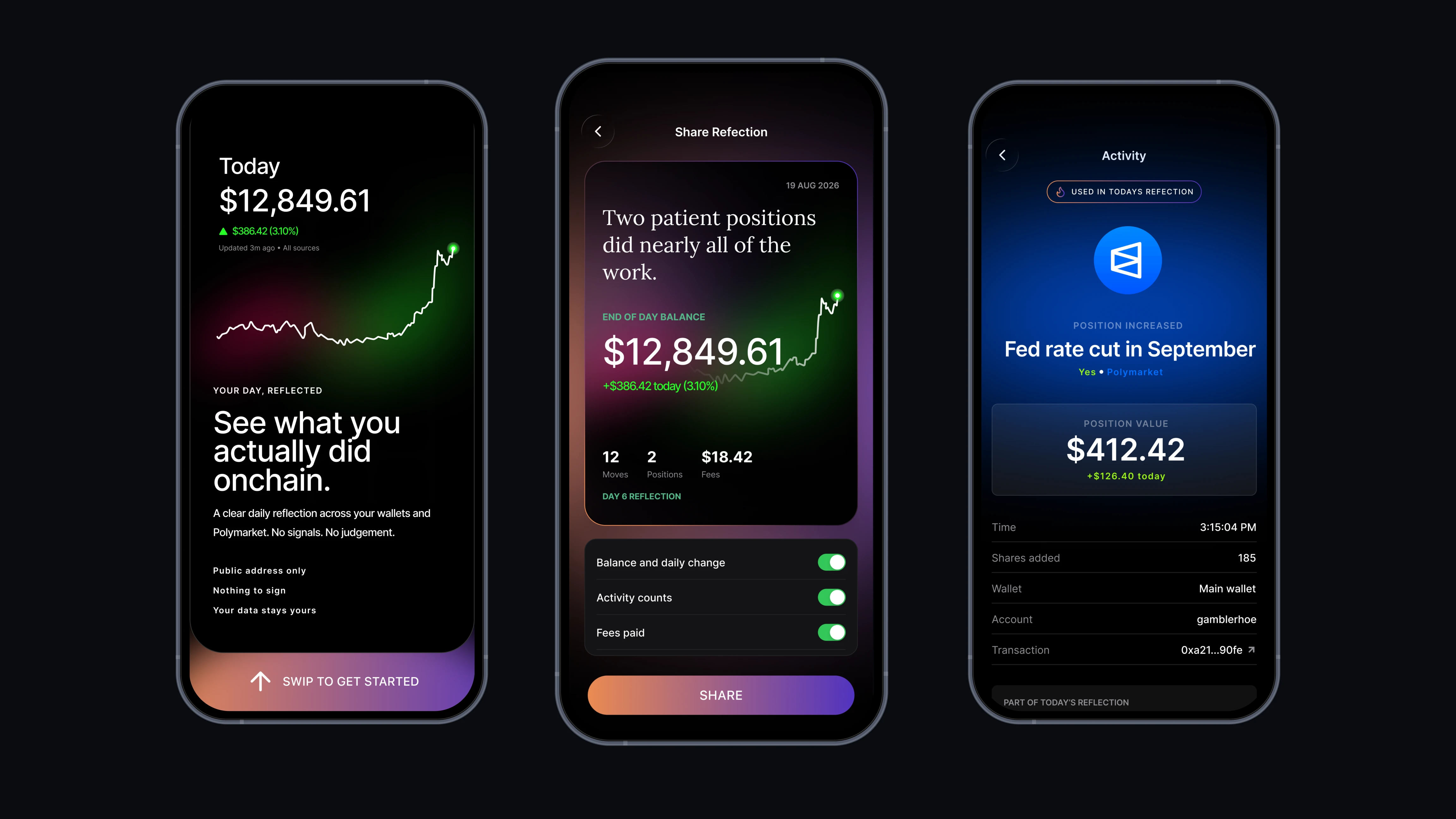 OnChain Reflection daily balance, shareable reflection and activity screens