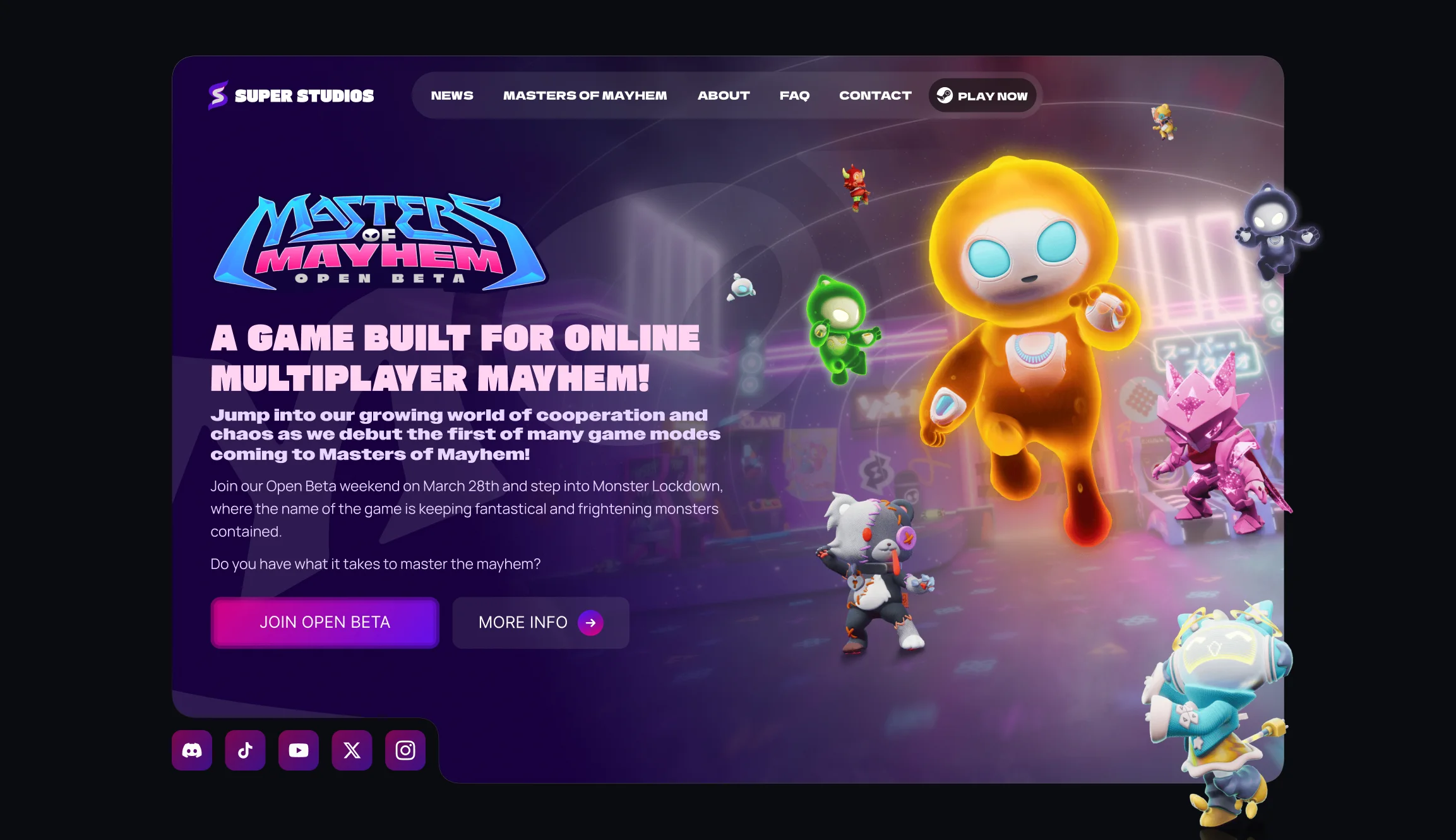 Super Studios Masters of Mayhem game website and launch experience