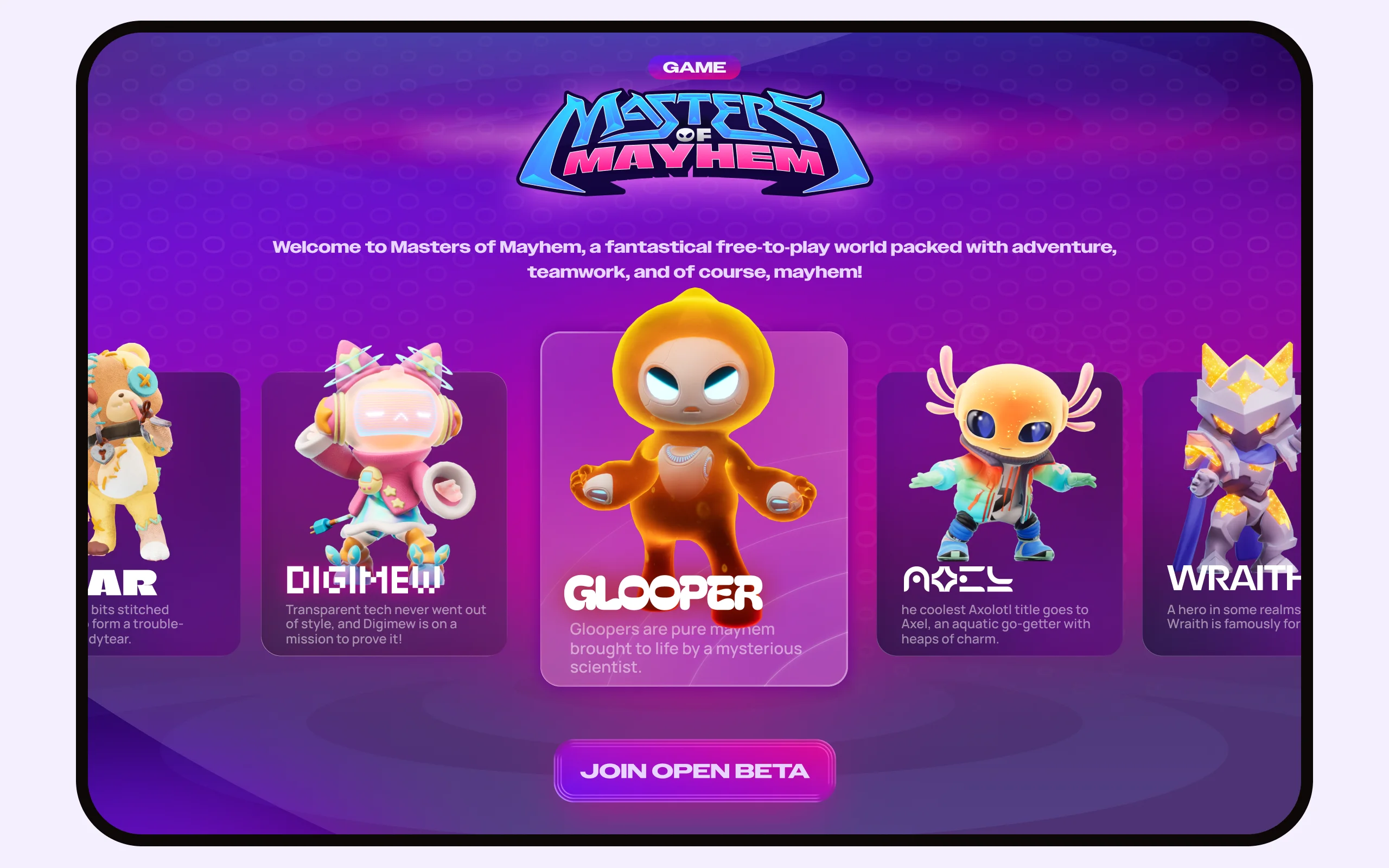 Masters of Mayhem game website and character showcase