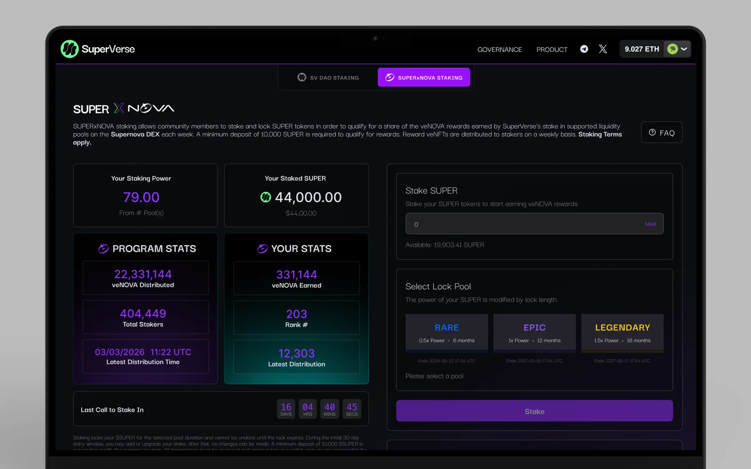 SuperStaker staking dashboard with rewards, staking power and lock pools