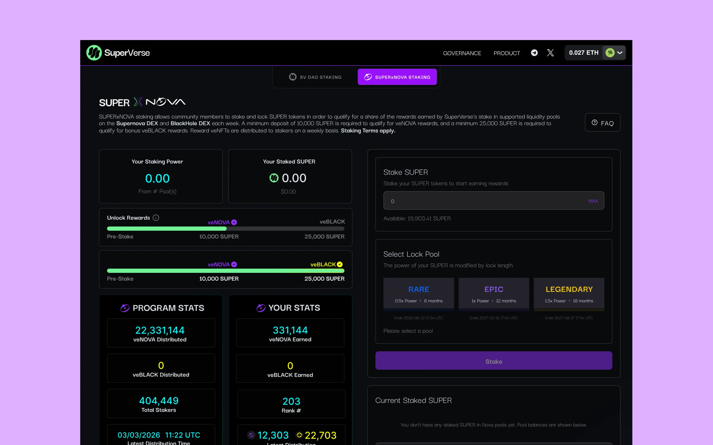 SuperStaker dashboard showing unlocked rewards, programme stats and staking controls