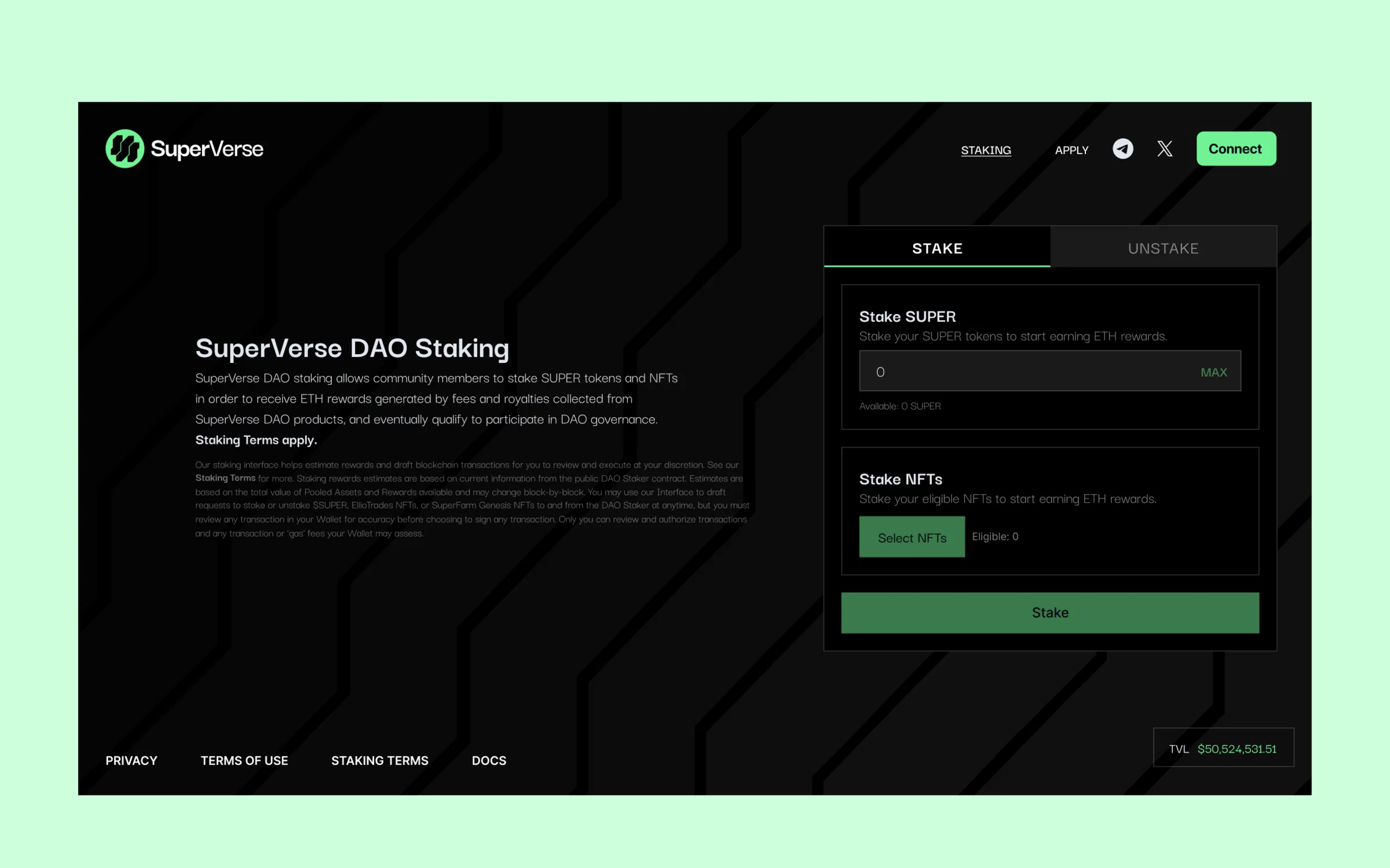 SuperVerse DAO staking interface with stake and unstake controls