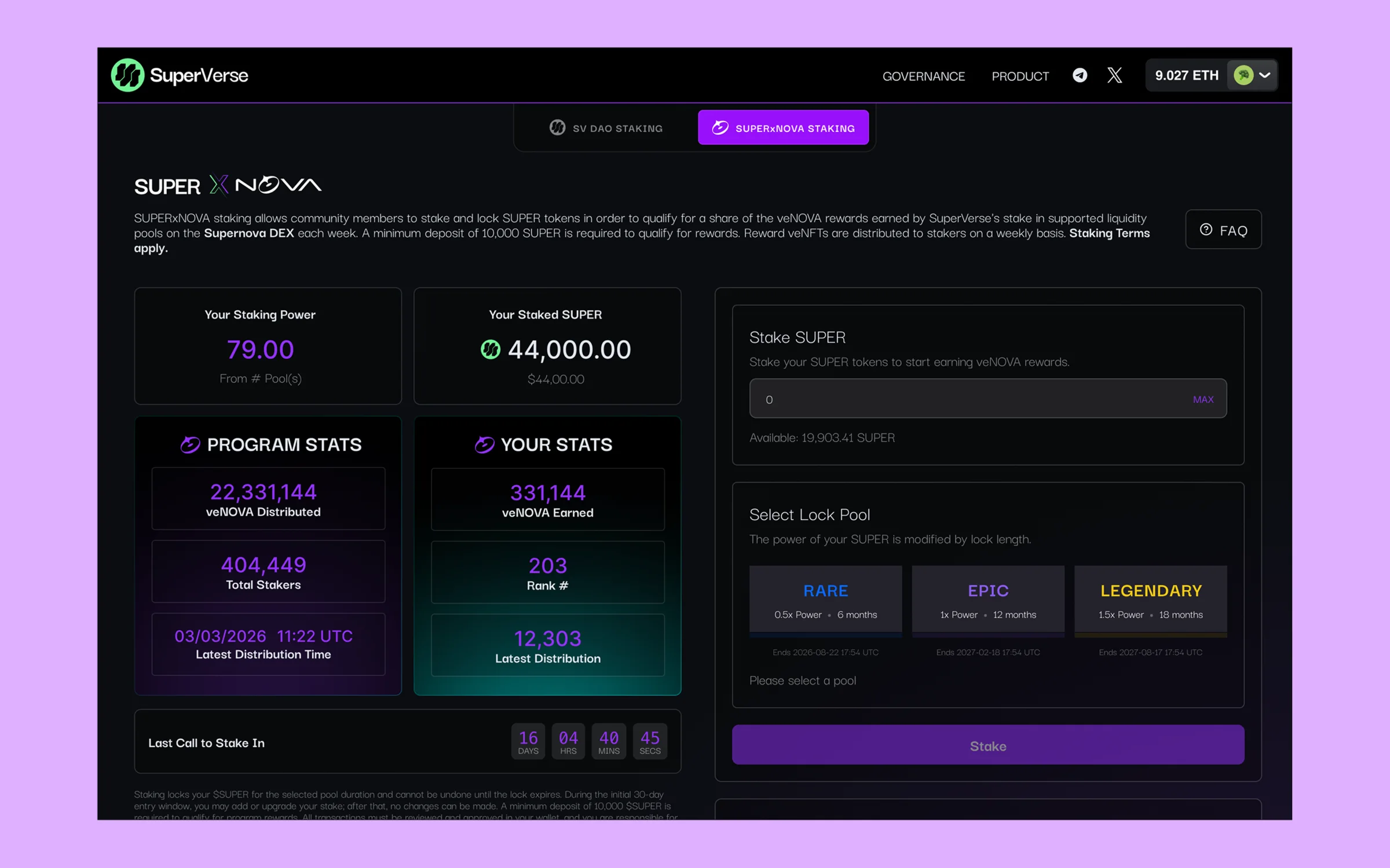 SuperStaker SUPERxNOVA staking and lock pool interface
