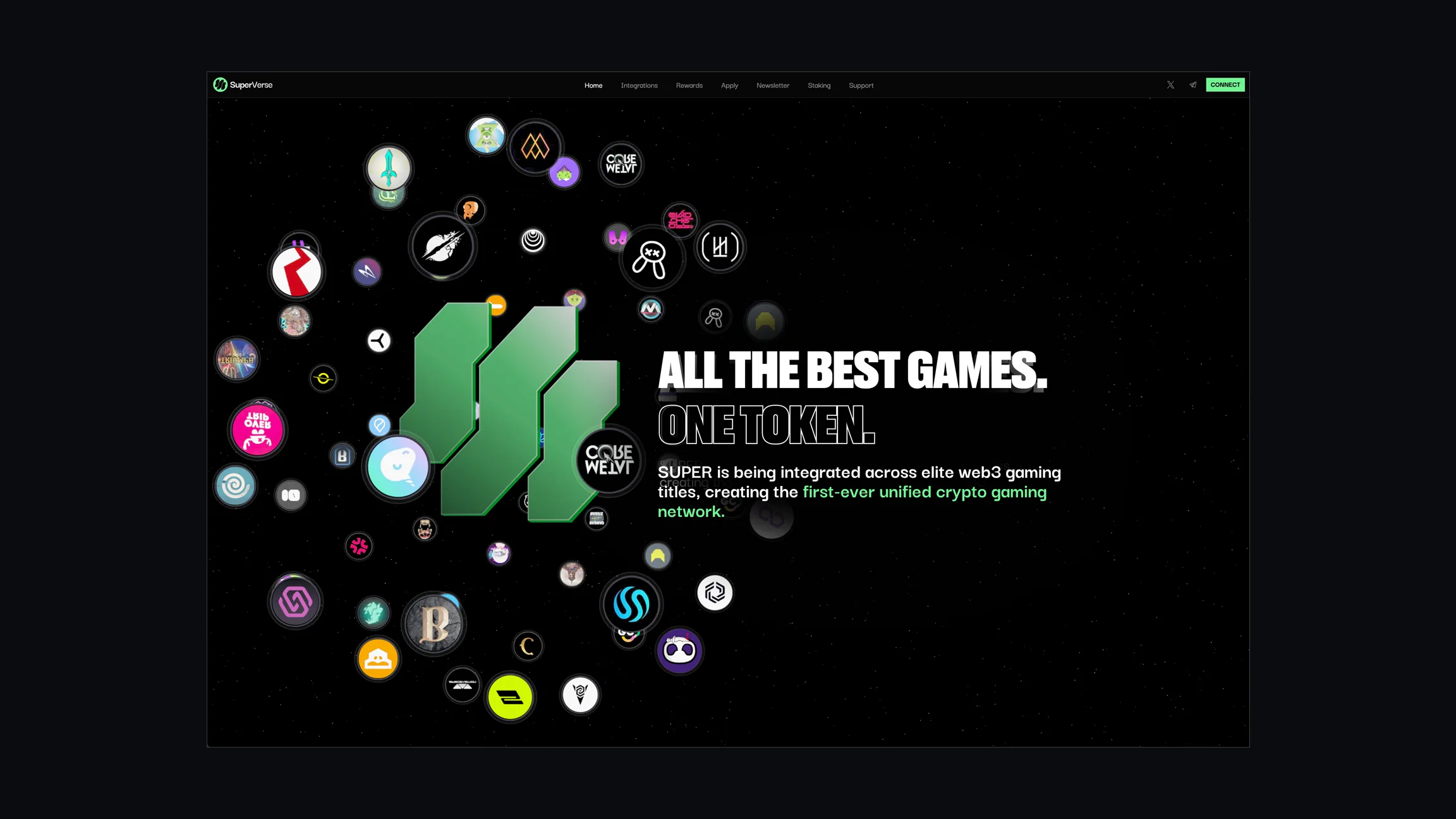 SuperVerse ecosystem interface showing connected games, tokens and partner experiences